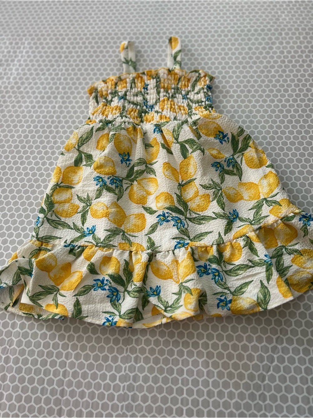 Lemon Print Sundress in Yellow, Green & Blue Smocked. Size 6